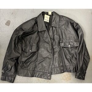 Together! Women Genuine Leather 3/4 Sleeve Snap Button Jacket Black Size Large